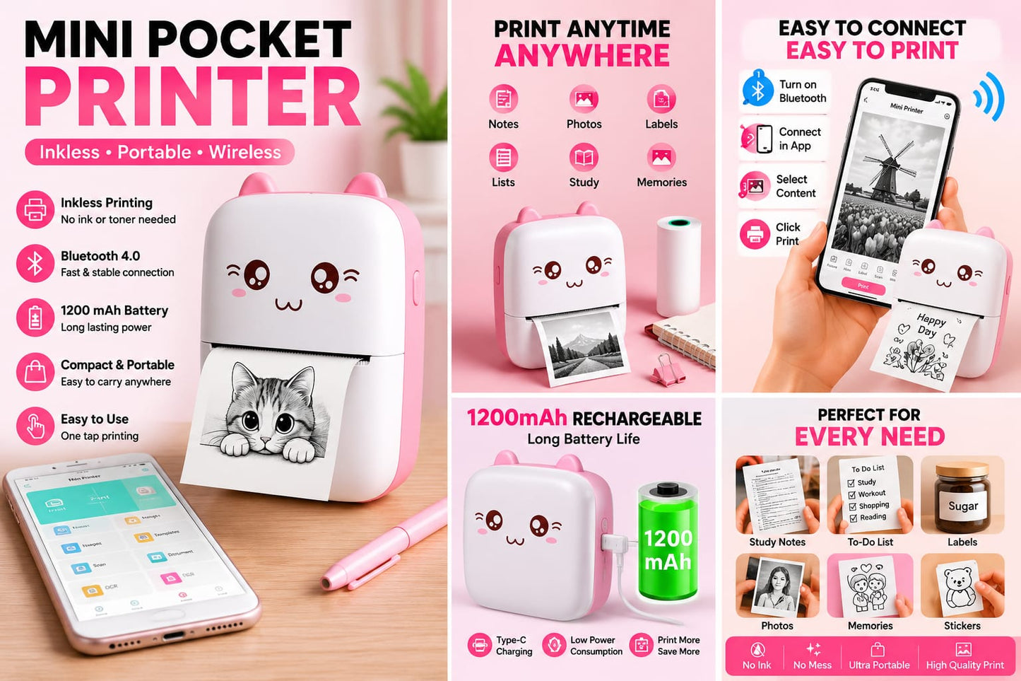 Mini Thermal Pocket Printer – Inkless Bluetooth Portable Printer